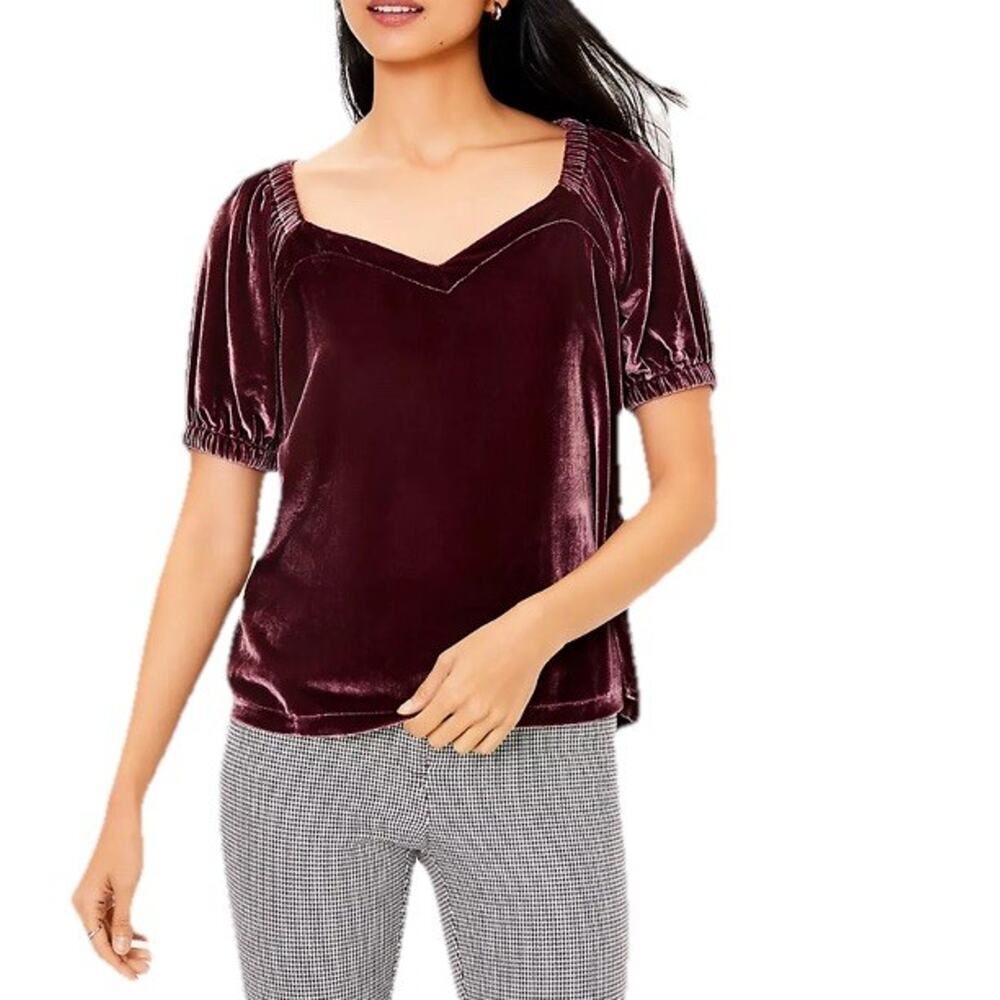 Loft Velvet Puff Sleeve Sweetheart Neck Top Dark Pink/Purple - Size L